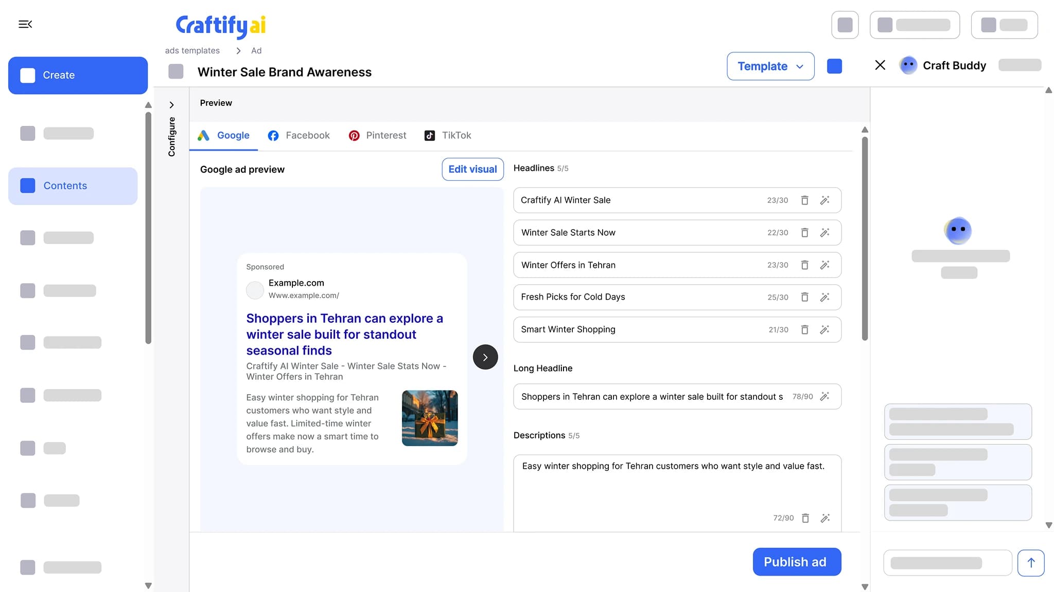 Craftify AI ad writer with a Google ad preview, five headlines with character counts, a long headline, and descriptions, plus Facebook, Pinterest, and TikTok tabs