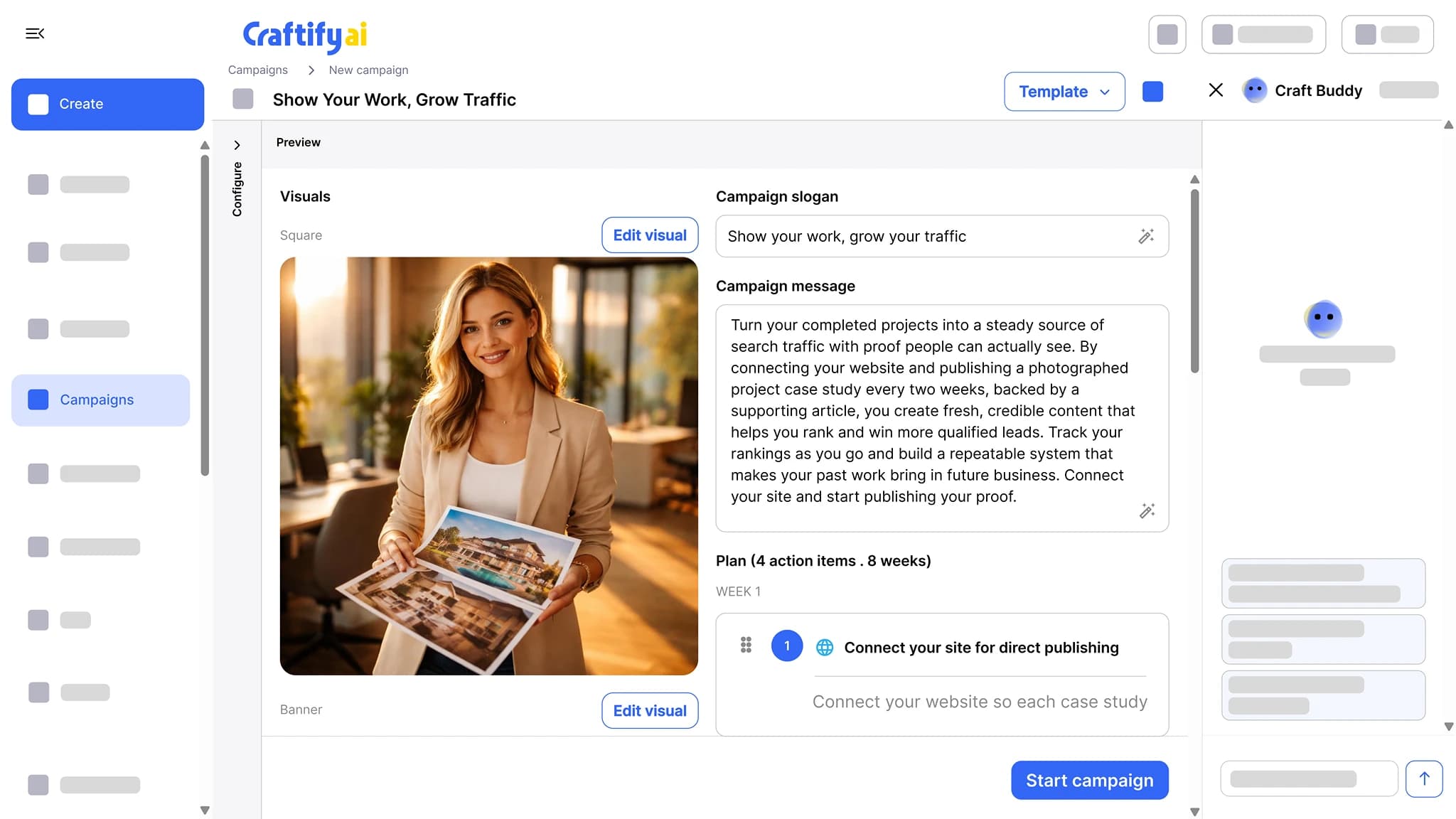 Craftify AI campaign plan with a square visual, a slogan, the campaign message, and a week-by-week list of action items
