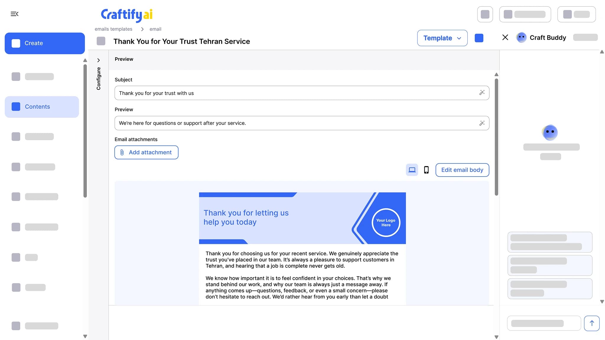 Craftify AI email editor showing a subject line, preview text, an attachment control, and a branded thank-you email preview