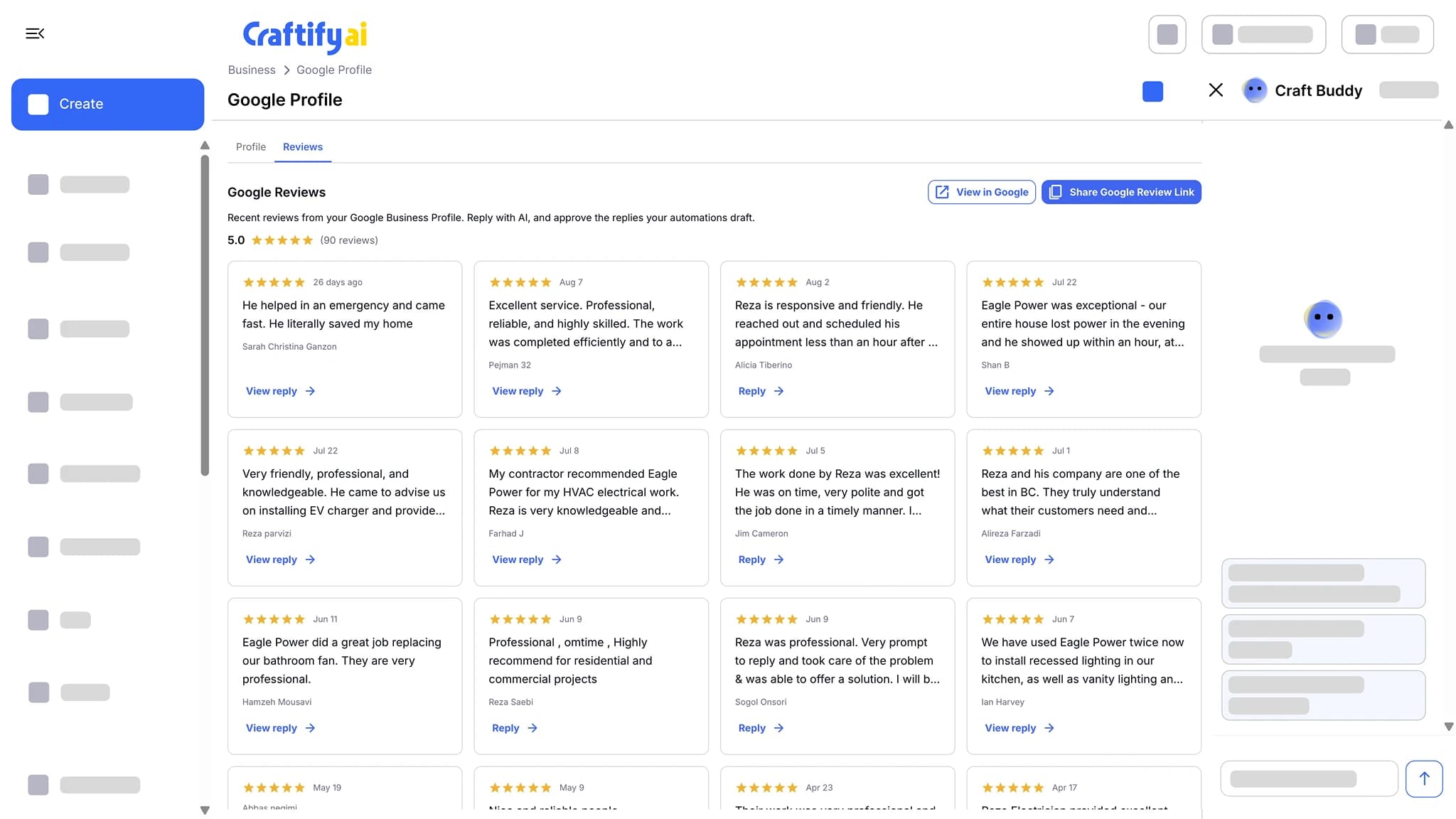 Craftify AI Google Profile reviews tab with a 5.0 rating from 90 reviews, a grid of recent five-star reviews for an electrical contractor, and Reply and View reply actions