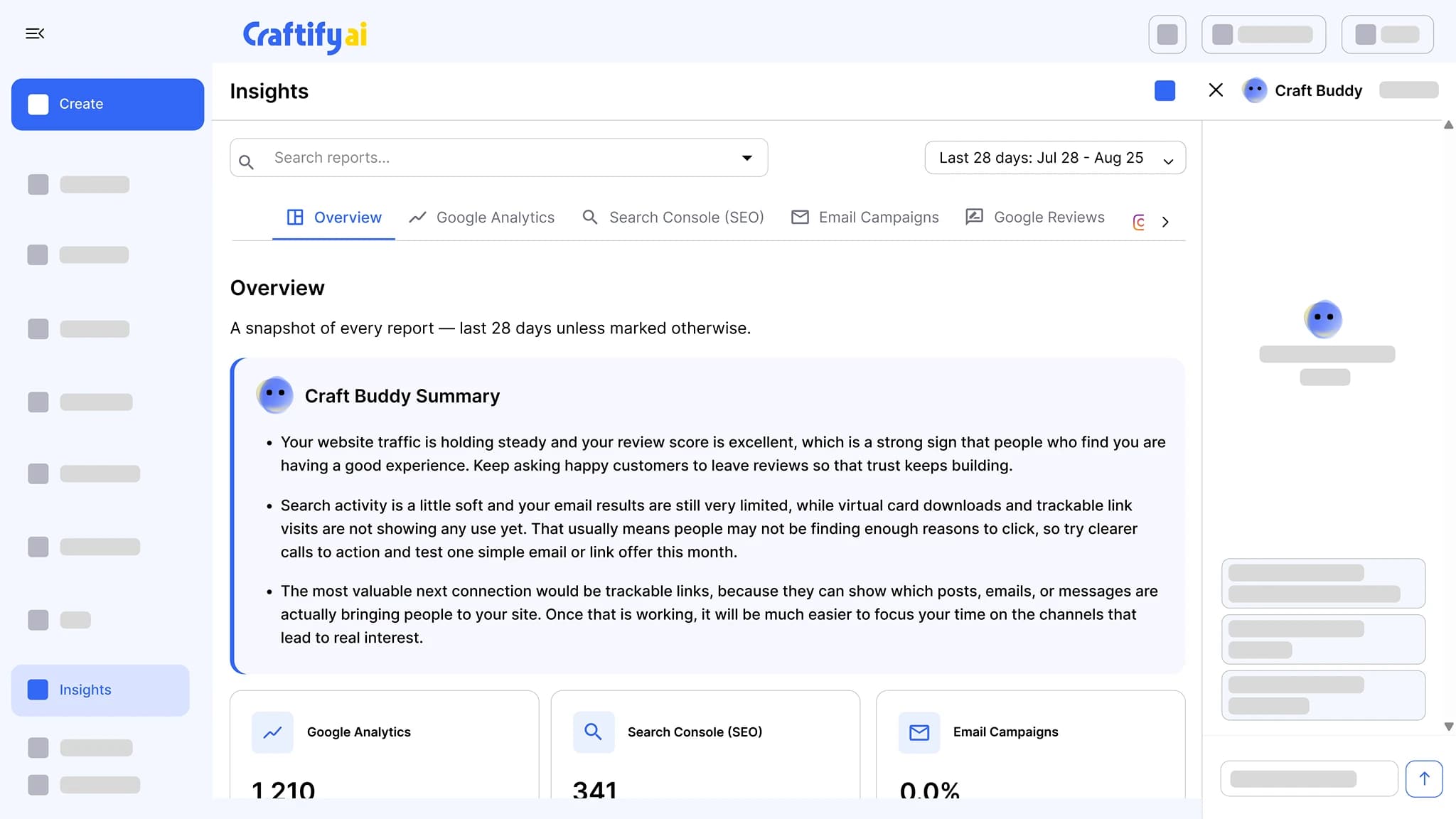 Craftify AI Insights overview with a Craft Buddy summary and report tabs for Google Analytics, Search Console, email campaigns, and Google reviews