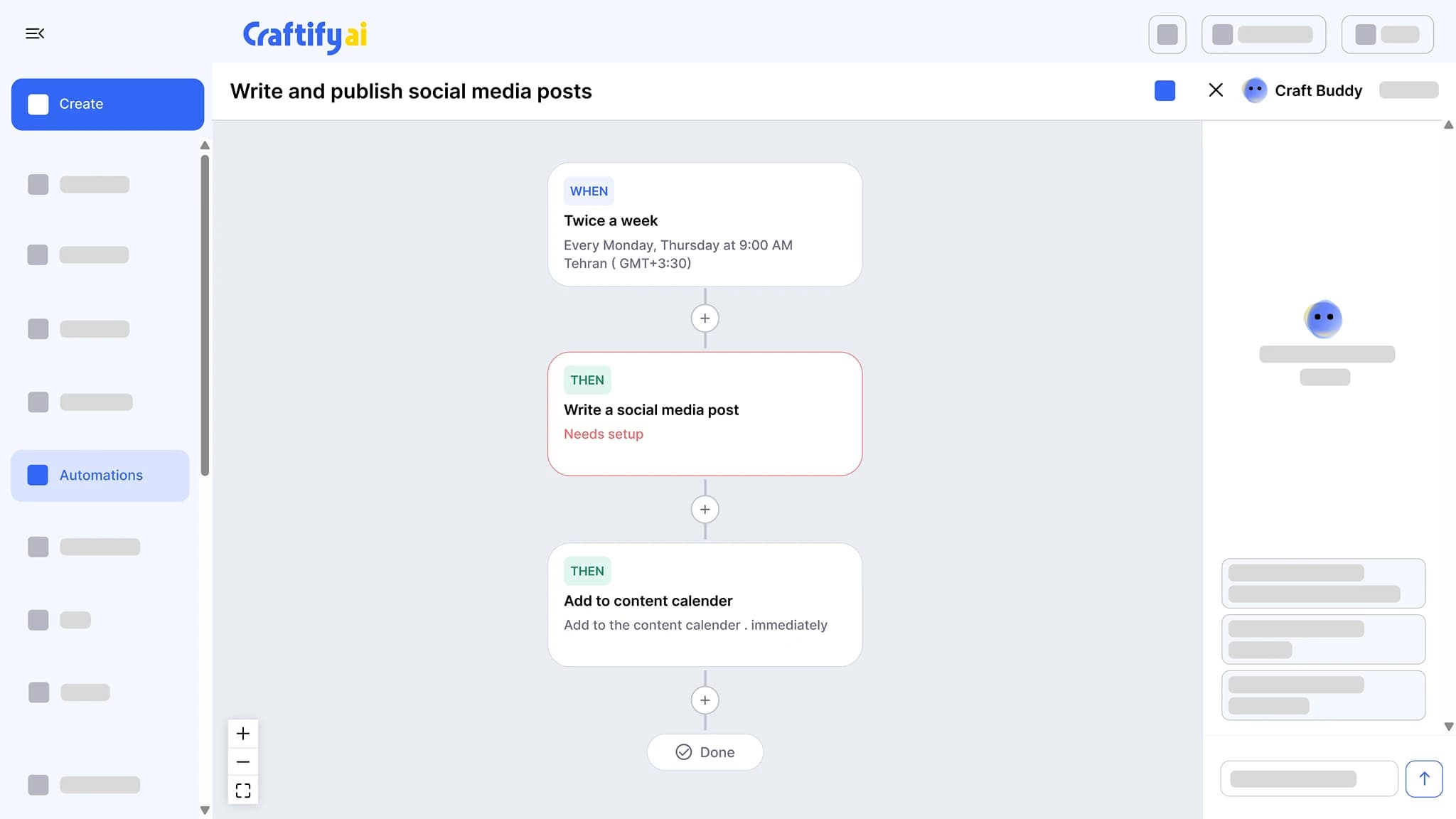 Craftify AI automation builder: a twice-a-week trigger, then write a social media post, then add it to the content calendar